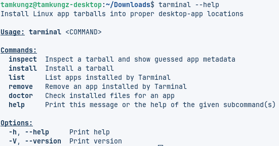 Output of tarminal --help
